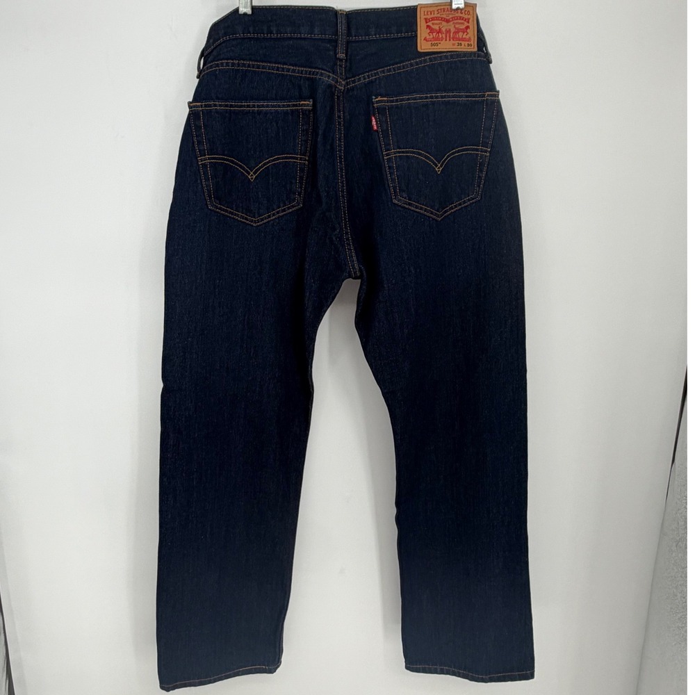 Levis 505 Regular Fit Jeans Mens 35x30 Dark Indigo Wash Straight Leg Denim